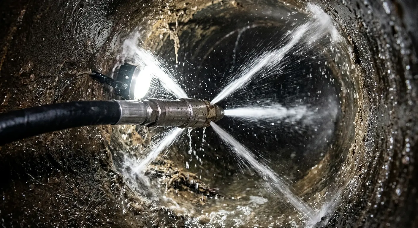 High-pressure hydro jetting nozzle cleaning sewer pipe for Emergency Drain Service in Perry Heights