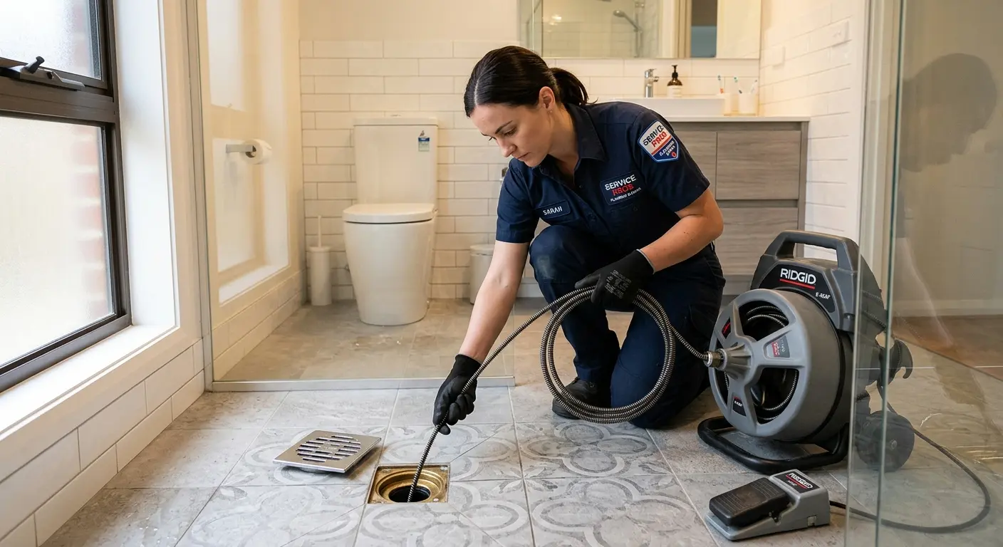 Technician clearing a bathroom floor drain for Clogged Drain Repair in Perry Heights